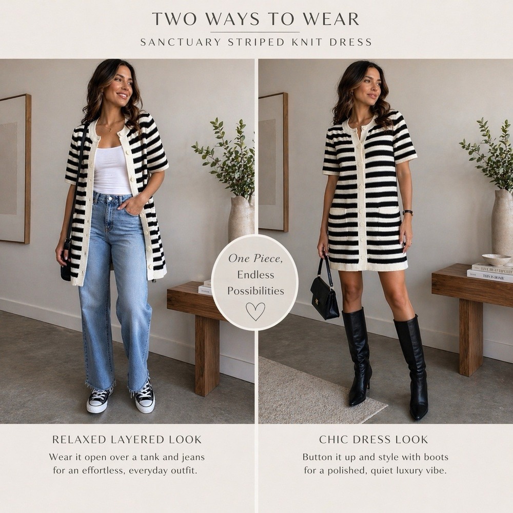 Sanctuary Black & White Striped Short Sleeve‎ Sweater Dress Size L Minimalist